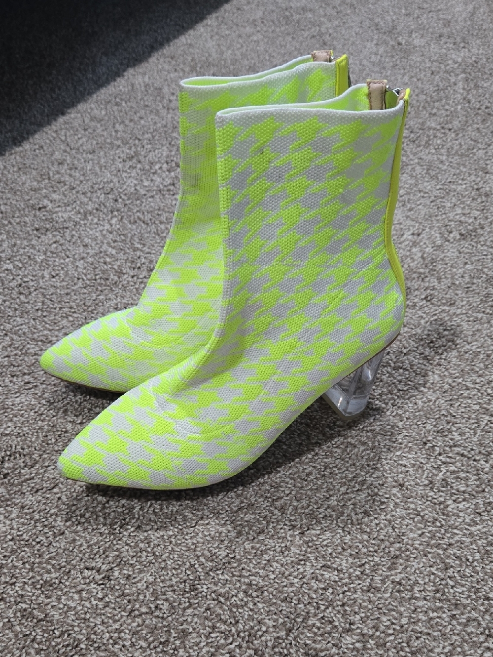 Beautiisoles Neon Yellow Ankle Boots with Clear Block Heel Size 7.5
